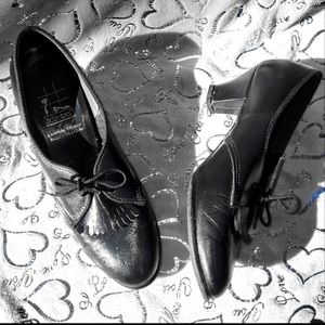 Vintage Loafer Pump Heels Black Leather Tictactoes Heeled Pump Fringe 7.5 / 8